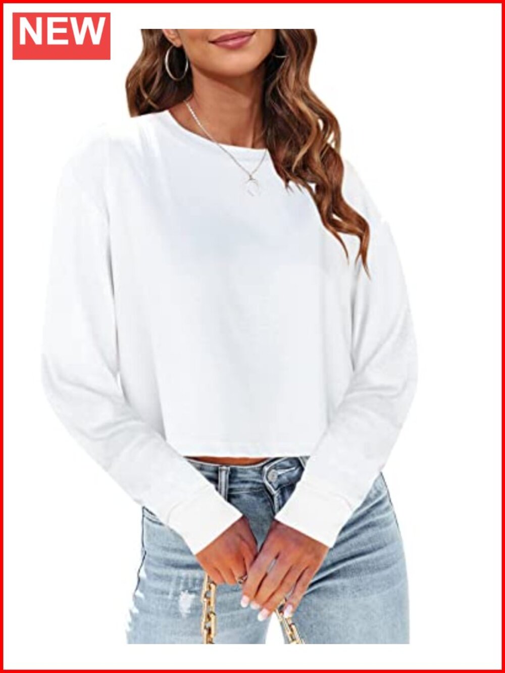 Womens Long Sleeve Crop Top Oversized Cropped T-Shirt Loose Fit Casual